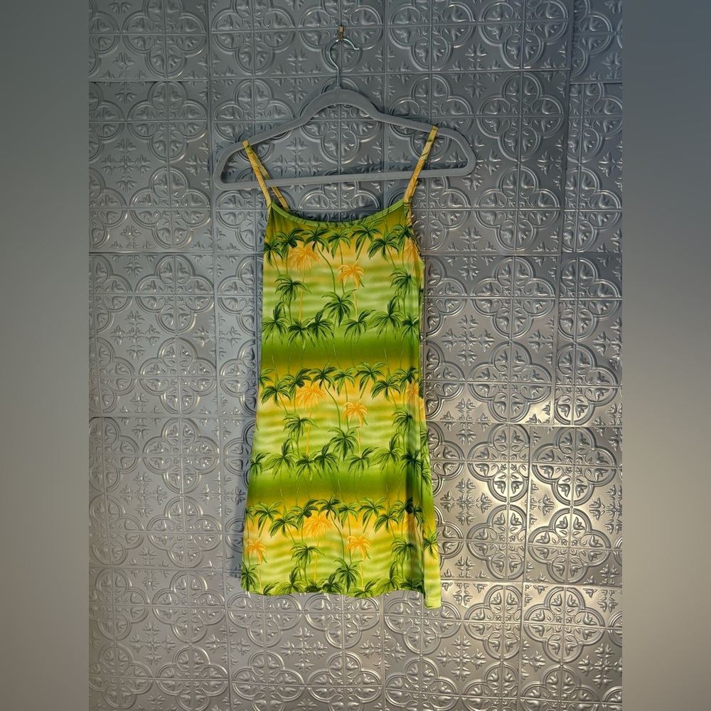 Vintage 90s Neon Green Yellow Tropical Dress Sexy Mini Bodycon Party Resortwear